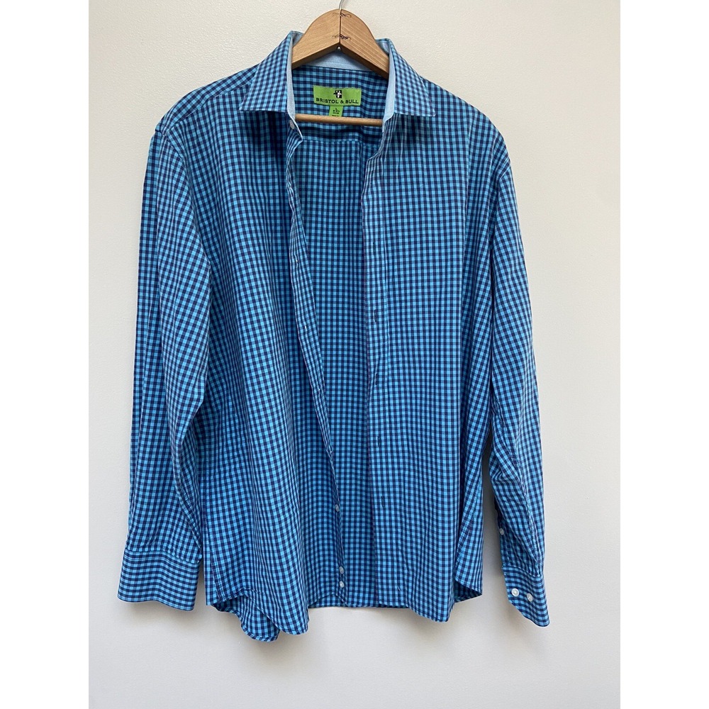 Bristol & Bull Mens Button Long Sleeve Shirt Blue/Navy Check Large